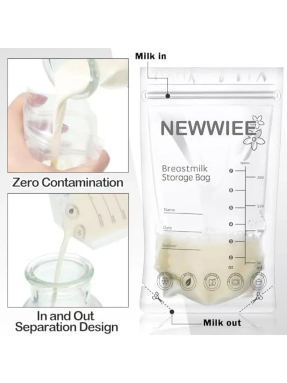 600 Count Breastmilk Storage Bags 7oz Self-Standing Freezer Safe, Gray